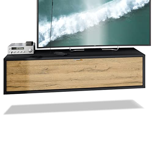 Vladon TV Board Lana 120 Hängeschrank Lowboard 120 x 29 x 37 cm, Made in Germany, Korpus in Schwarz matt, Fronten in Eiche Natur | Große Farbauswahl von Vladon