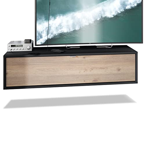 Vladon TV Board Lana 120 Hängeschrank Lowboard 120 x 29 x 37 cm, Made in Germany, Korpus in Schwarz matt, Fronten in Eiche Nordic | Große Farbauswahl von Vladon