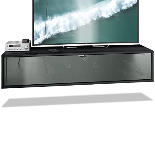 Vladon TV Board Lana 140 Hängeschrank Lowboard 140 x 29 x 37 cm, Made in Germany, Korpus in Schwarz matt, Fronten in Grau Hochglanz | Große Farbauswahl von Vladon