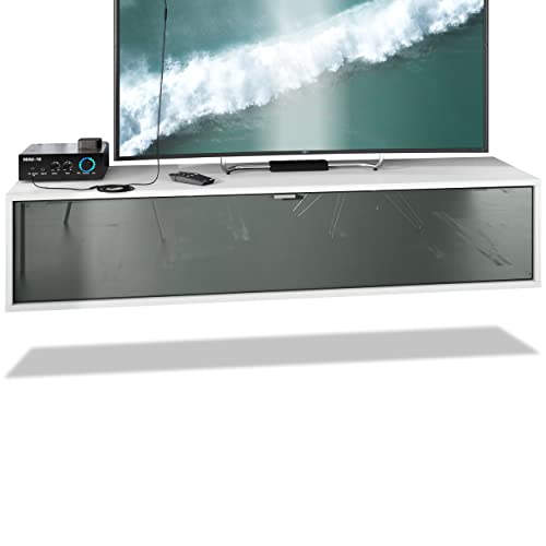 Vladon TV Board Lana 140 Hängeschrank Lowboard 140 x 29 x 37 cm, Made in Germany, Korpus in Weiß matt, Fronten in Grau Hochglanz | Große Farbauswahl von Vladon