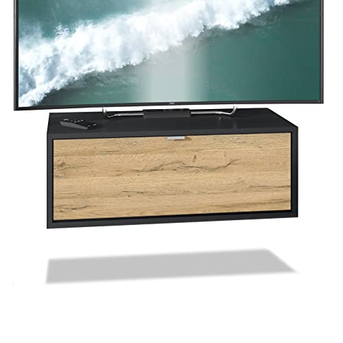 Vladon TV Board Lana 80 Hängeschrank Lowboard 80 x 29 x 37 cm, Made in Germany, Korpus in Schwarz matt, Fronten in Eiche Natur | Große Farbauswahl von Vladon