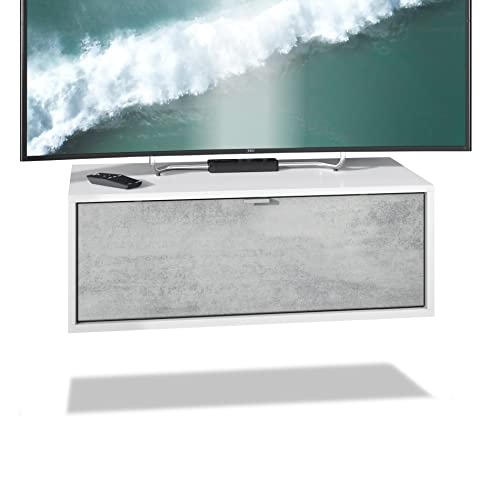 Vladon TV Board Lana 80 Hängeschrank Lowboard 80 x 29 x 37 cm, Made in Germany, Korpus in Weiß matt, Fronten in Beton Oxid Optik | Große Farbauswahl von Vladon