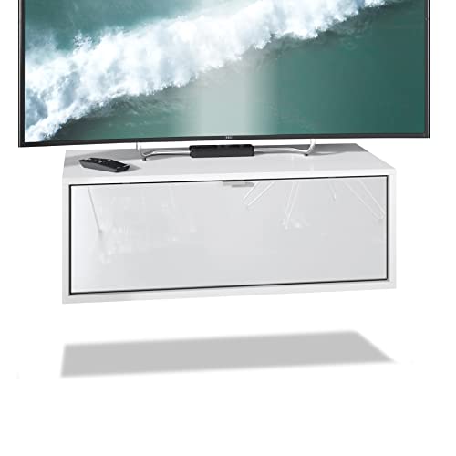 Vladon TV Board Lana 80 Hängeschrank Lowboard 80 x 29 x 37 cm, Made in Germany, Korpus in Weiß matt, Fronten in Weiß Hochglanz | Große Farbauswahl von Vladon