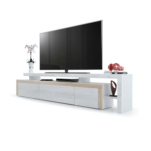 Vladon TV Board Lowboard Leon, Korpus und Überbau in Weiß matt/Front in Weiß Hochglanz mit Rahmen in Eiche sägerau (227 x 52 x 35 cm) von Vladon
