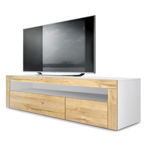 Vladon Lowboard Valencia, Made in Germany, TV-Kommode mit 1 offenem Fach und 2 Klappen, Weiß matt/Eiche Natur/Eiche Natur (155 x 46 x 40 cm) von Vladon
