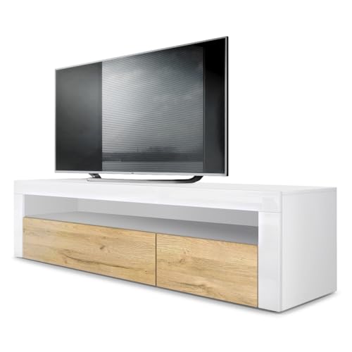 Vladon Lowboard Valencia, Made in Germany, TV-Kommode mit 1 offenem Fach und 2 Klappen, Weiß matt/Eiche Natur/Weiß Hochglanz (155 x 46 x 40 cm) von Vladon