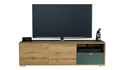 Vladon TV-Board Milano, Lowboard mit 2 Türen Eiche Evoke und 1 Schublade Fjord Grün, Made in Germany, Korpus Eiche Evoke (152,5 x 43 x 37 cm) von Vladon