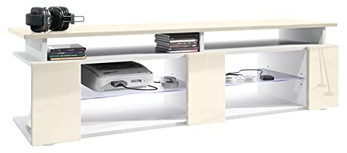 Vladon TV Board Movie V2 Game On Lowboard 138,5 x 39 x 39 cm inkl. LED-Beleuchtung Weiß, Korpus in Weiß matt, Fronten in Creme Hochglanz von Vladon