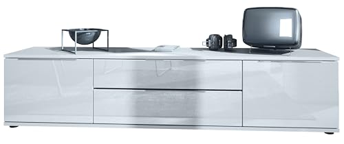 Vladon TV Lowboard Linio V2, Fernsehtisch mit 2 Türen und 2 Schubladen – Weiß/Weiß Hochglanz (166,5 x 37,5 x 35 cm) von Vladon