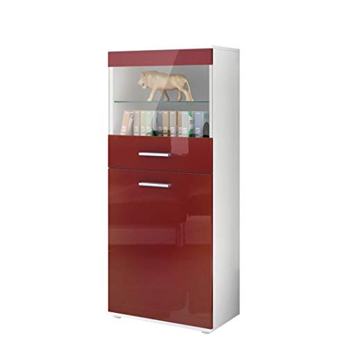 Vladon Vitrine Almada, Made in Germany, Standvitrine mit 2 Türen, 4 Fächern und 1 Glaseinsatz, Weiß matt/Bordeaux Hochglanz (53 x 125 x 30 cm) von Vladon