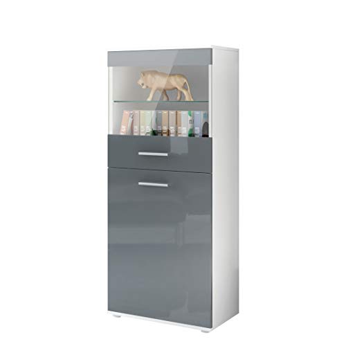 Vladon Vitrine Almada, Made in Germany, Standvitrine mit 2 Türen, 4 Fächern und 1 Glaseinsatz, Weiß matt/Grau Hochglanz (53 x 125 x 30 cm) von Vladon