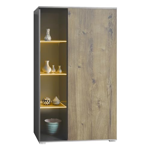 Vladon Vitrine Davos, Made in Germany, Standvitrine mit 3 Glasböden und 8 Fächer inkl. LED, Anthrazit matt/Eiche Ribbeck (71,5 x 134 x 35 cm) von Vladon