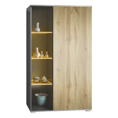 Vladon Vitrine Davos, Made in Germany, Standvitrine mit 3 Glasböden und 8 Fächer inkl. LED, Anthrazit matt/Eiche Wotan (71,5 x 134 x 35 cm) von Vladon
