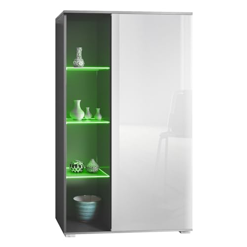Vladon Vitrine Davos, Made in Germany, Standvitrine mit 3 Glasböden und 8 Fächer inkl. LED, Anthrazit matt/Weiß Hochglanz (71,5 x 134 x 35 cm) von Vladon