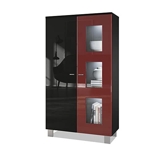 Vladon Vitrine Denjo, Made in Germany, Standvitrine mit 2 Türen und 3 Glaseinsätzen, Schwarz matt/Schwarz Hochglanz/Bordeaux Hochglanz, inkl. LED-Beleuchtung (71 x 129 x 35 cm) von Vladon