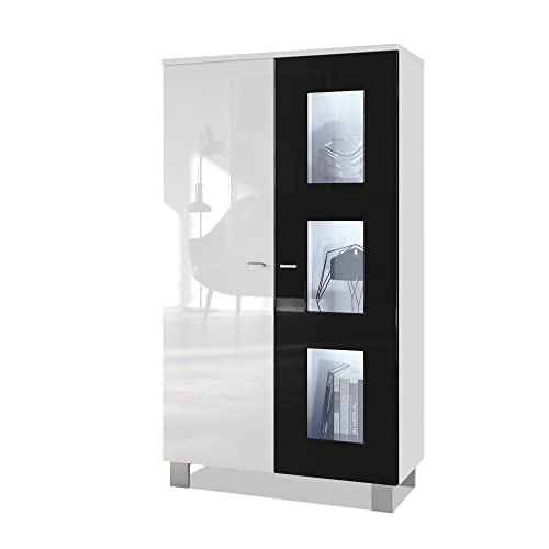 Vladon Vitrine Denjo, Made in Germany, Standvitrine mit 2 Türen und 3 Glaseinsätzen, Weiß matt/Schwarz Hochglanz, inkl. LED-Beleuchtung (71 x 129 x 35 cm) von Vladon