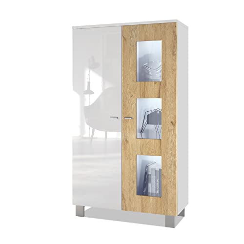 Vladon Vitrine Denjo, Made in Germany, Standvitrine mit 2 Türen und 3 Glaseinsätzen, Weiß matt/Weiß Hochglanz/Eiche Natur inkl. LED-Beleuchtung (71 x 129 x 35 cm) von Vladon