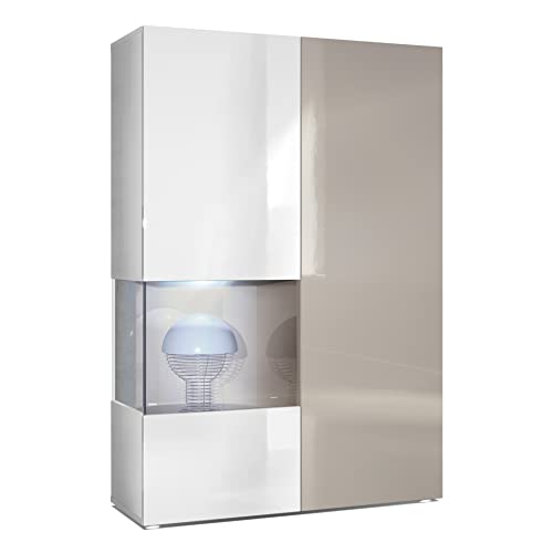 Vladon Vitrine Kommode Hochschrank Morena, Made in Germany, Korpus in Weiß matt/Rechte Tür und der Einsatz in Sandgrau Hochglanz, inkl. LED Beleuchtung von Vladon
