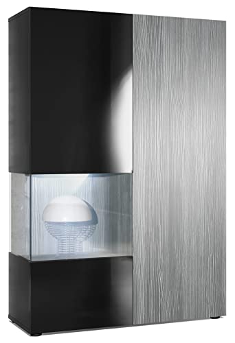 Vladon Vitrine Kommode Hochschrank Morena, Made in Germany, Korpus in Schwarz matt/Rechte Tür und der Einsatz in Avola-Anthrazit, inkl. LED Beleuchtung von Vladon