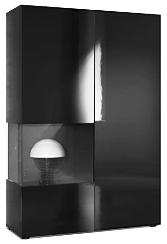 Vladon Vitrine Kommode Hochschrank Morena, Made in Germany, Korpus in Schwarz matt/Rechte Tür und der Einsatz in Schwarz Hochglanz von Vladon