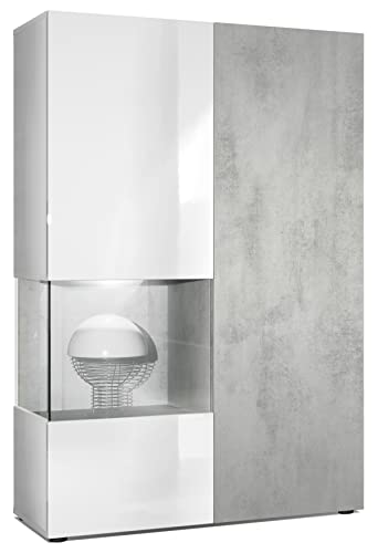 Vladon Vitrine Kommode Hochschrank Morena, Made in Germany, Korpus in Weiß matt/Rechte Tür und der Einsatz in Beton Oxid Optik, inkl. LED Beleuchtung von Vladon