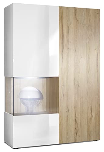 Vladon Vitrine Kommode Hochschrank Morena, Made in Germany, Korpus in Weiß matt/Rechte Tür und der Einsatz in Eiche Natur, inkl. LED Beleuchtung von Vladon