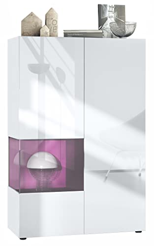 Vladon Vitrine Morena V2, Made in Germany, Standvitrine mit 2 Türen und Glaseinsatz, Korpus Weiß matt, Fronten Weiß Hochglanz, Cube Brombeer Hochglanz (91,5 x 136,5 x 37 cm) von Vladon