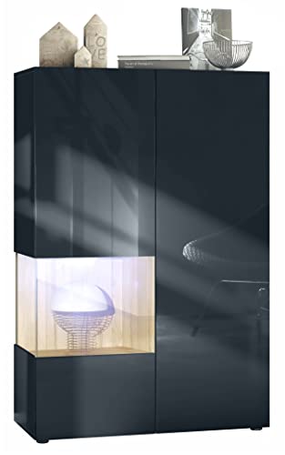 Vladon Vitrine Morena V2, Standvitrine mit 2 Türen und Glaseinsatz, Korpus Schwarz matt, Fronten Schwarz Hochglanz, Cube Eiche Natur inkl. LED-Beleuchtung Weiß (91,5 x 136,5 x 37 cm) von Vladon
