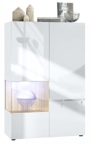 Vladon Vitrine Morena V2, Made in Germany, Standvitrine mit 2 Türen und Glaseinsatz, Korpus Weiß matt, Fronten Weiß Hochglanz, Cube Eiche Natur inkl. LED-Beleuchtung Weiß (91,5 x 136,5 x 37 cm) von Vladon