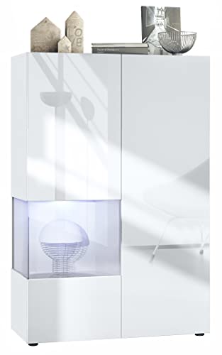 Vladon Vitrine Morena V2, Standvitrine mit 2 Türen und Glaseinsatz, Korpus Weiß matt, Fronten Weiß Hochglanz, Cube Weiß matt inkl. LED-Beleuchtung Weiß (91,5 x 136,5 x 37 cm) von Vladon