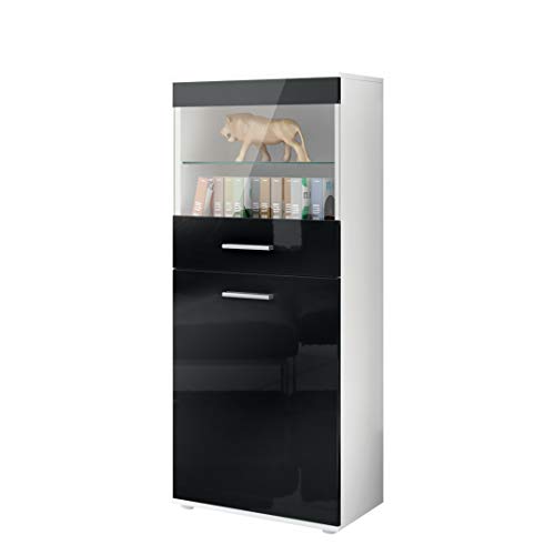 Vladon Vitrine Almada, Made in Germany, Standvitrine mit 2 Türen, 4 Fächern und 1 Glaseinsatz, Weiß matt/Schwarz Hochglanz (53 x 125 x 30 cm) von Vladon