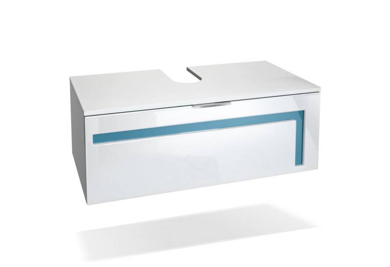 Vladon Waschbeckenunterschrank Aloha V2 (Wachtischunterschrank) Weiß matt/Weiß Hochglanz, Absetzung in Petrol Hochglanz (96x36x51 cm) von Vladon