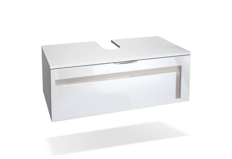 Vladon Waschbeckenunterschrank Aloha V2 (Wachtischunterschrank) Weiß matt/Weiß glänzend, Absetzung in Sandgrau glänzend (96x36x51 cm) von Vladon