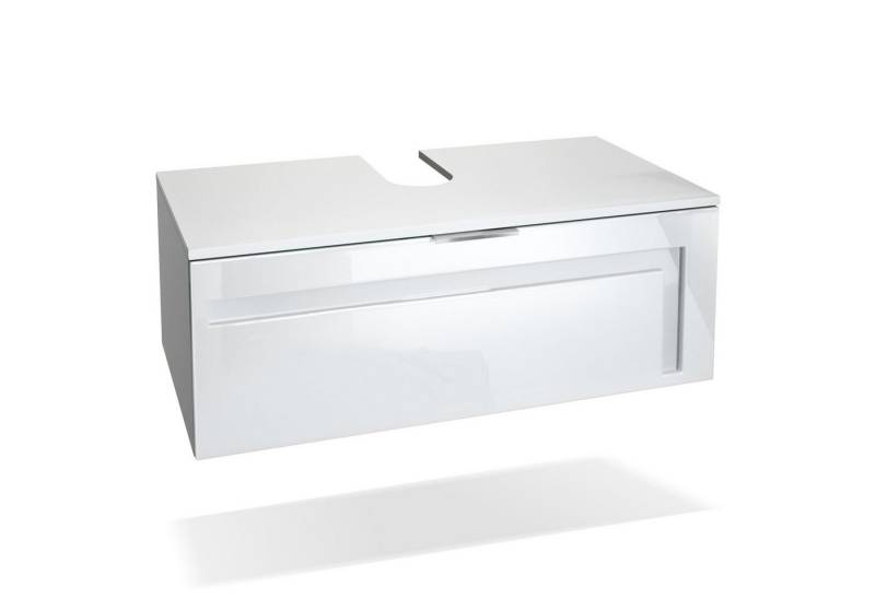 Vladon Waschbeckenunterschrank Aloha V2 (Wachtischunterschrank) Weiß matt/Weiß glänzend, Absetzung in Weiß glänzend (96x36x51 cm) von Vladon