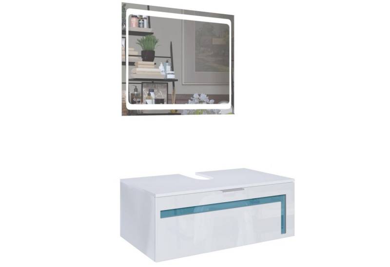 Vladon Waschbeckenunterschrank Aloha V2 (Wachtischunterschrank, mit LED-Spiegel) Weiß matt/Weiß Hochglanz, Absetzung in Petrol Hochglanz (96x36x51 cm) von Vladon