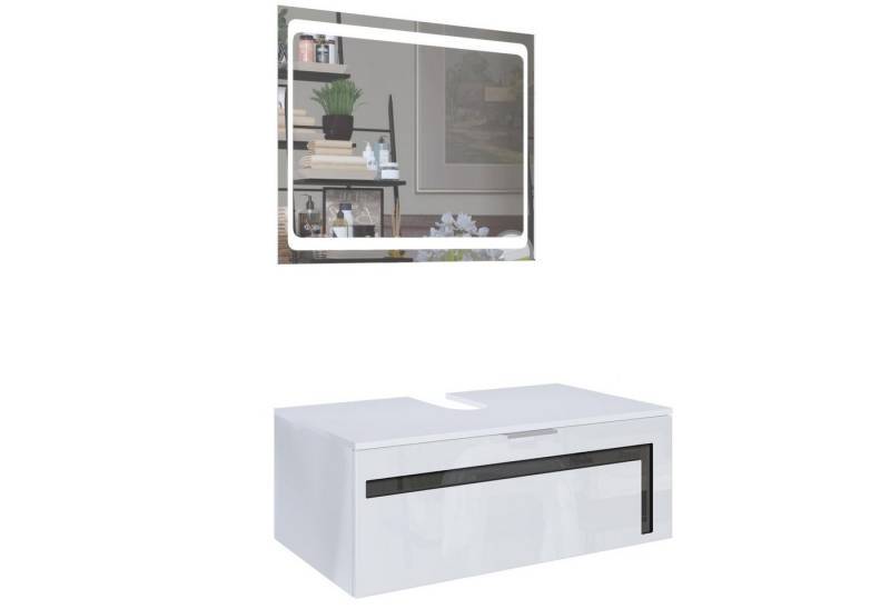 Vladon Waschbeckenunterschrank Aloha V2 (Wachtischunterschrank, mit LED-Spiegel) Weiß matt/Weiß Hochglanz, Absetzung in Schwarz Hochglanz (96x36x51 cm) von Vladon