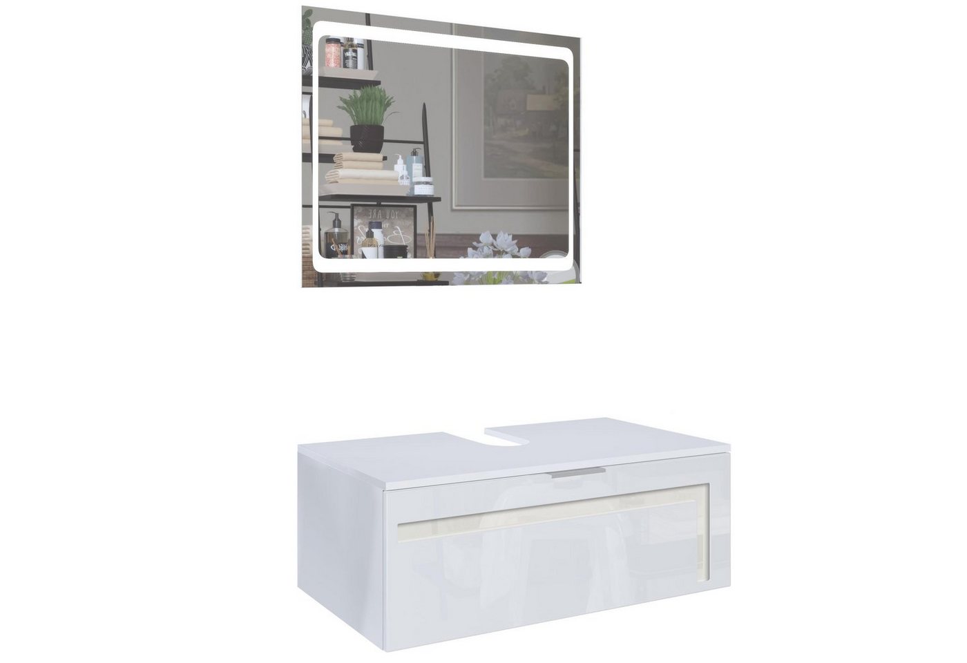 Vladon Waschbeckenunterschrank Aloha V2 (Wachtischunterschrank, mit LED-Spiegel) Weiß matt/Weiß glänzend, Absetzung in Creme glänzend (96x36x51 cm) von Vladon