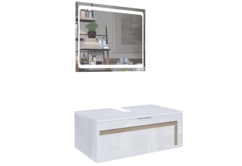 Vladon Waschbeckenunterschrank Aloha V2 (Wachtischunterschrank, mit LED-Spiegel) Weiß matt/Weiß glänzend, Absetzung in Eiche sägerau (96x36x51 cm) von Vladon