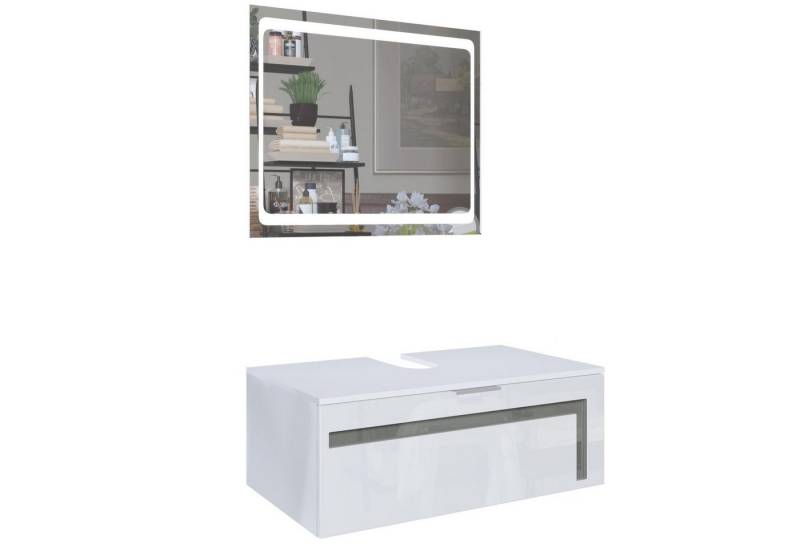 Vladon Waschbeckenunterschrank Aloha V2 (Wachtischunterschrank, mit LED-Spiegel) Weiß matt/Weiß glänzend, Absetzung in Grau glänzend (96x36x51 cm) von Vladon