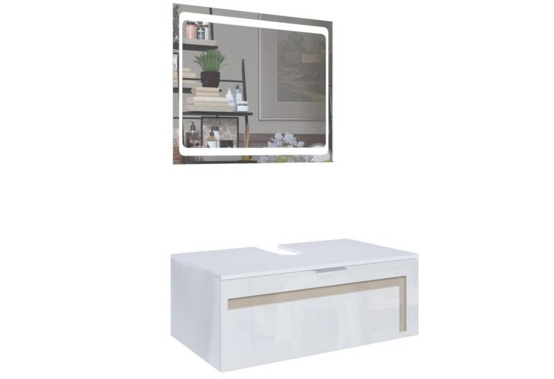 Vladon Waschbeckenunterschrank Aloha V2 (Wachtischunterschrank, mit LED-Spiegel) Weiß matt/Weiß glänzend, Absetzung in Sandgrau glänzend (96x36x51 cm) von Vladon