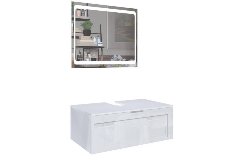 Vladon Waschbeckenunterschrank Aloha V2 (Wachtischunterschrank, mit LED-Spiegel) Weiß matt/Weiß glänzend, Absetzung in Weiß glänzend (96x36x51 cm) von Vladon