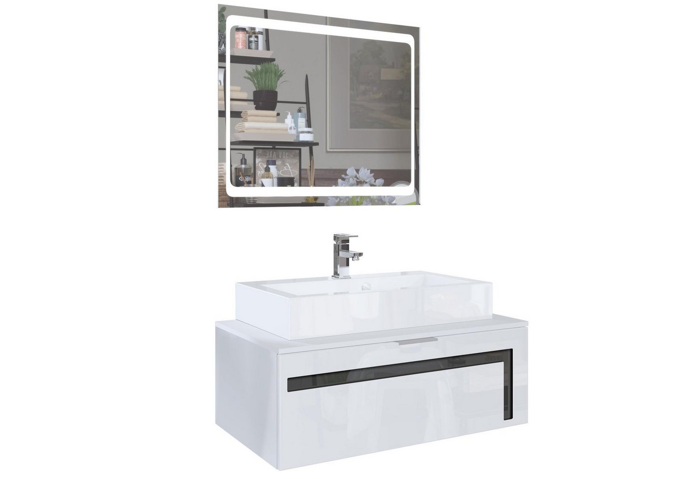 Vladon Waschbeckenunterschrank Aloha V2 (Wachtischunterschrank, mit LED-Spiegel, Waschbecken und Armatur) Weiß matt/Weiß Hochglanz, Absetzung in Schwarz Hochglanz (96x36x51 cm) von Vladon
