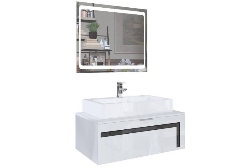 Vladon Waschbeckenunterschrank Aloha V2 (Wachtischunterschrank, mit LED-Spiegel, Waschbecken und Armatur) Weiß matt/Weiß Hochglanz, Absetzung in Schwarz Hochglanz (96x36x51 cm) von Vladon