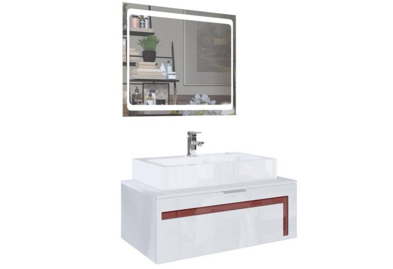 Vladon Waschbeckenunterschrank Aloha V2 (Wachtischunterschrank, mit LED-Spiegel, Waschbecken und Armatur) Weiß matt/Weiß glänzend, Absetzung in Bordeaux glänzend (96x36x51 cm) von Vladon