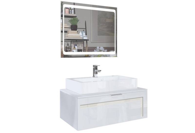 Vladon Waschbeckenunterschrank Aloha V2 (Wachtischunterschrank, mit LED-Spiegel, Waschbecken und Armatur) Weiß matt/Weiß glänzend, Absetzung in Creme glänzend (96x36x51 cm) von Vladon