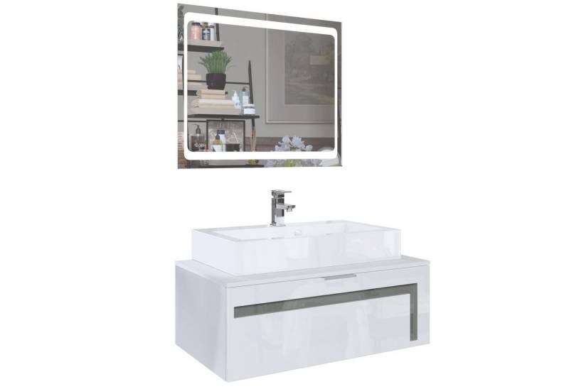 Vladon Waschbeckenunterschrank Aloha V2 (Wachtischunterschrank, mit LED-Spiegel, Waschbecken und Armatur) Weiß matt/Weiß glänzend, Absetzung in Grau glänzend (96x36x51 cm) von Vladon