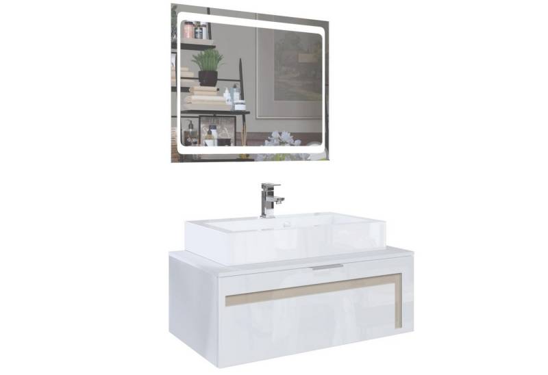 Vladon Waschbeckenunterschrank Aloha V2 (Wachtischunterschrank, mit LED-Spiegel, Waschbecken und Armatur) Weiß matt/Weiß glänzend, Absetzung in Sandgrau glänzend (96x36x51 cm) von Vladon