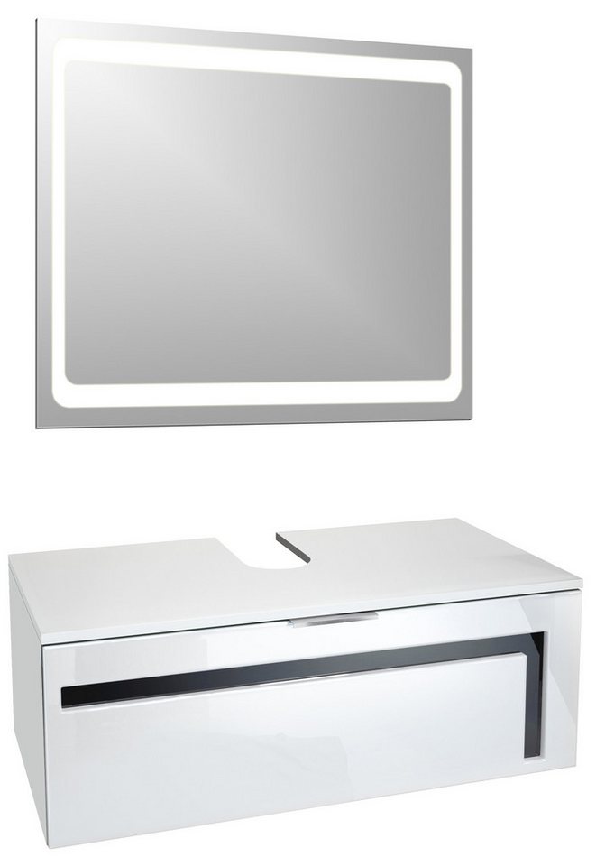 Vladon Waschbeckenunterschrank Aloha V2 (Wachtischunterschrank, mit LED-Spiegel und Waschbecken) Weiß matt/Weiß Hochglanz, Absetzung in Schwarz Hochglanz (96x36x51 cm) von Vladon