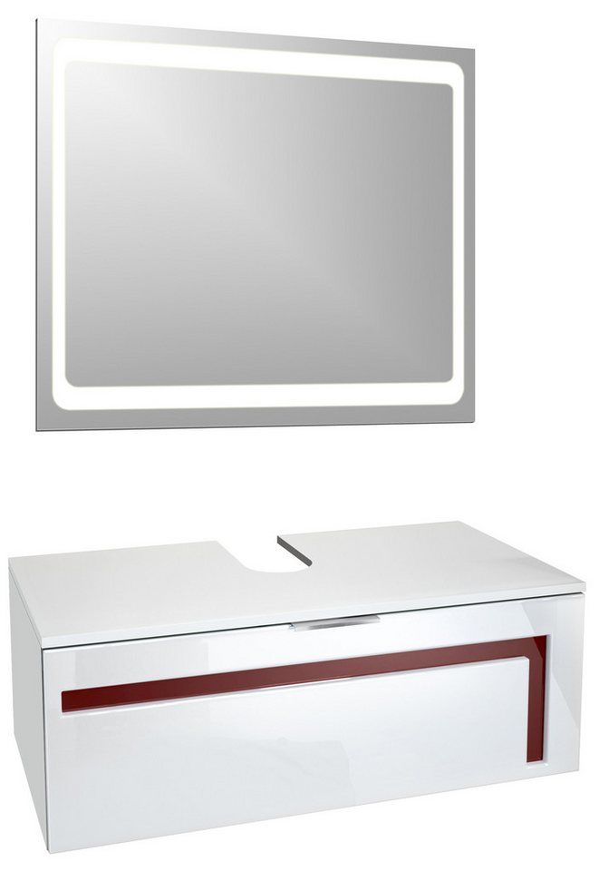 Vladon Waschbeckenunterschrank Aloha (Wachtischunterschrank, 1-St., mit LED-Spiegel und Waschbecken) Weiß matt/Weiß glänzend, Absetzung in Bordeaux glänzend (96x36x51 cm) von Vladon