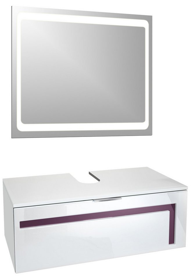 Vladon Waschbeckenunterschrank Aloha (Wachtischunterschrank, 1-St., mit LED-Spiegel und Waschbecken) Weiß matt/Weiß glänzend, Absetzung in Brombeer glänzend (96x36x51 cm) von Vladon